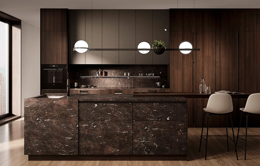 Eine Beispielküche mit erdigen Tönen und Naturbaustoffe.